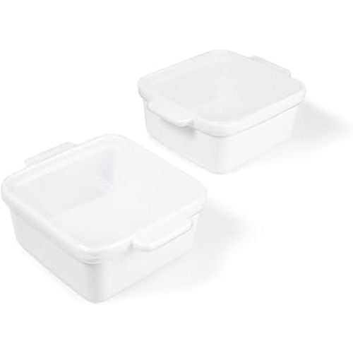 Souper Cubes Stoneware - 5" x 5" Baking Dishes for Oven with Silicone Covers, Premium Mini Ceramic Baking Dishes, Perfect for Reheating Individual Portions in Oven or Microwave, Set of 2 - White