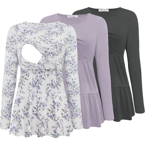 Bearsland Women’s Nursing Top 3pack Long Sleeve Scoop Neck Breastfeeding Shirts Nursing Shirt