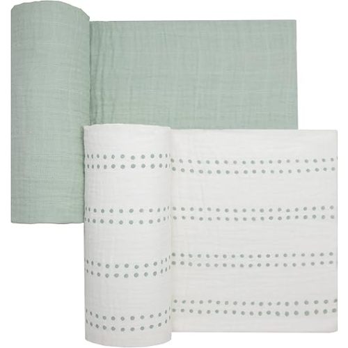 Muslin Swaddle Baby Blankets for Girl or Boy, Soft and Breathable Oeko-Tex Cotton Muslin Baby Blanket, Newborn Swaddling Wrap, Receiving Blanket, 47 in x 47 in, Mint Green and Cream Dots