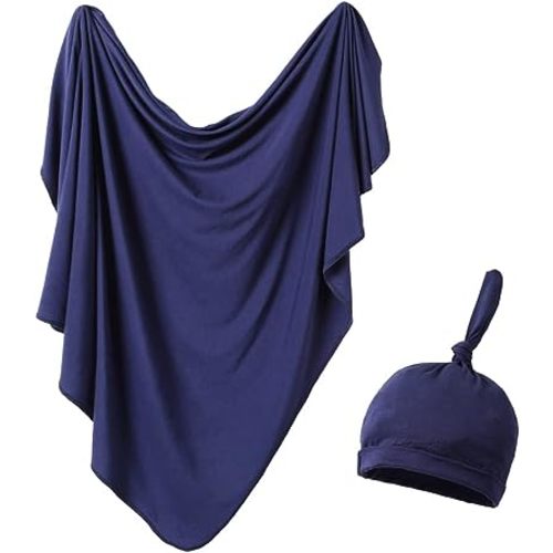 iEvolve Cotton Knitted Baby Swaddle Blanket with Hat Headband Set Newborn Swaddle Wrap Receiving Blankets for Baby Girl Boy 45" x 45"(Navyblue)