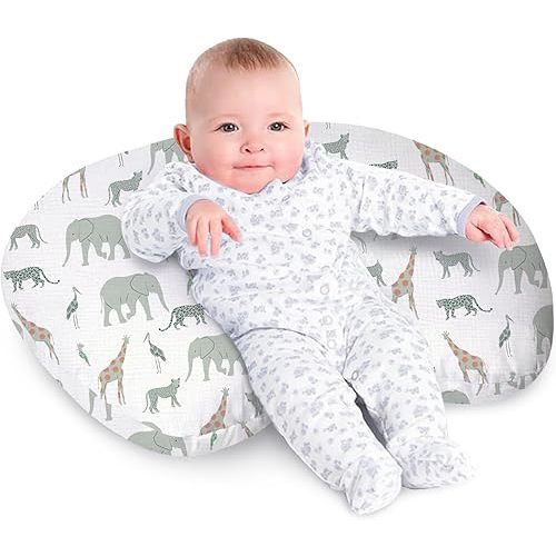 Little Grape Land Nursing Pillow, Soft 100% Cotton Breastfeeding Pillow with Breathable Muslin Removable Cover, Breast Feeding Pillows for Babies 0-12 Months with Protective Zipper Tropical Quest