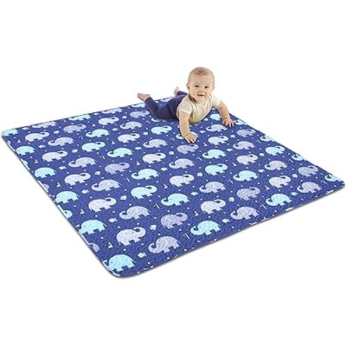 Baby Floor Play Mat Foldable Crawling Mat, 50x50 Play Mat for Playpen, Washable Non Slip One-Piece Playmats Portable, Cushioned Baby Tummy Time Mats for Infants and Toddlers (Blue Elephant)