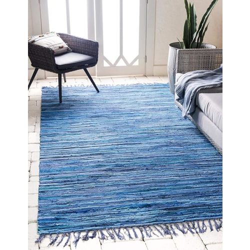 Unique Loom Chindi Cotton Collection Soft Hand Woven Natural Fiber Striped Area Rug, 8 ft x 10 ft, Navy Blue/Ivory