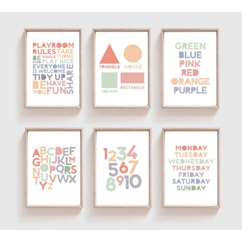 Set of 6 Playroom Prints, Girls Nursery Prints, Classroom Prints, Boys Nursery Prints, Playroom Wall Art, Muted Colours, Nursery Wall Art
