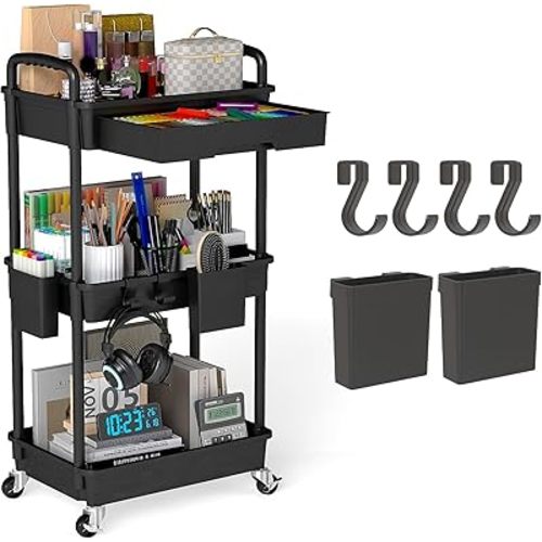 3 Tier Rolling Utility Cart with Drawer, Plastic Storage Organizer Rolling Carts with Wheels Handles Hanging Cups Hooks for Office, Bathroom, Kitchen,Craft Art Room (Black)