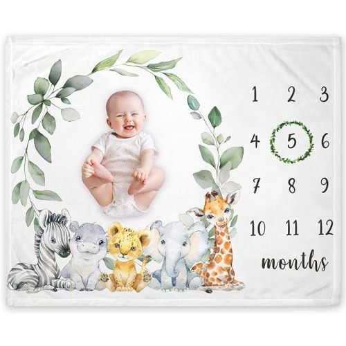 Safari Milestone Blanket, Jungle Wild Animals Baby Growth Chart Monthly Blanket, Watch Me Grow Jungle Safari Baby Nursery for New Moms Baby Shower(50"x40")