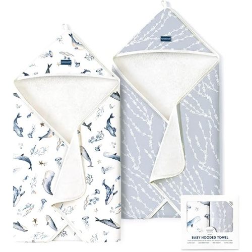 GRSSDER Baby Hooded Towel 2 Pack for Newborn, Super Soft Bath Towels with Original Designs, Ultra Absorbent Knit Terry, Large Toddler Towels with Hood for Boys Girls, Shower Gifts for Infant,34"x 34"