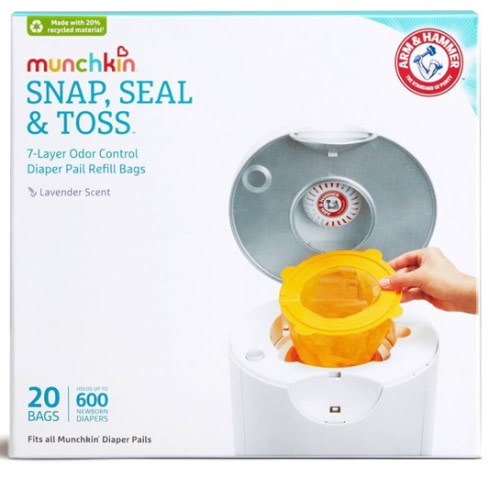 Munchkin® Arm & Hammer Diaper Pail Snap, Seal & Toss™ Refill Bags, Holds up to 600 Newborn Diapers, 20 Pack