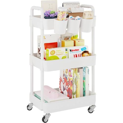 UDEAR 3-Tier Rolling Utility Cart,Multifunctional Storage Shelves with Handle and Lockable Wheels for Room,Office,Kitchen,Bathroom,with 3 Hanging Cups,White