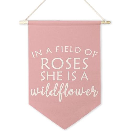 ArtisaEura Pink Girl Nursery Wall Canvas Banners, Wildflower Nursery Decor, In a Field of Roses She is a Wildflower Hanging Display Pennant Banner Flags, Pink Wall Decor for Baby Girl Room Bedroom