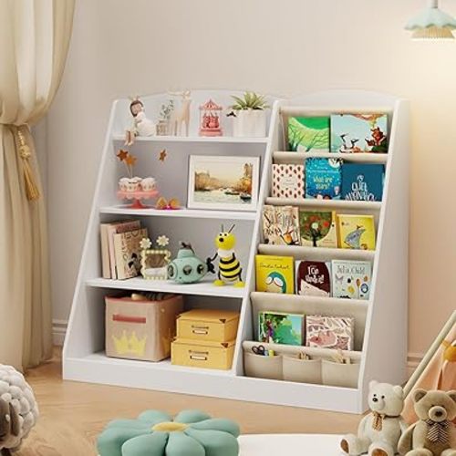 Kids Bookshelf Toddler bookshelf and Toy Storage Organizer 4 Tier Wooden Kids Book Shelf with Sling Book,Baby walking bookshelf,Montessori for Nursery Playroom, children's room kindergarten, classroom