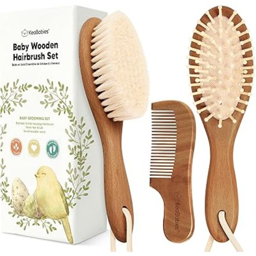 Baby Hair Brush and Comb Set for Newborn - Wooden Baby Hair Brush Set with Soft Goat Bristle, Baby Brush Set for Newborns,Baby Brush and Comb Set Girl, Boy,Toddler Cradle Cap Brush (Oval, Dark Walnut)