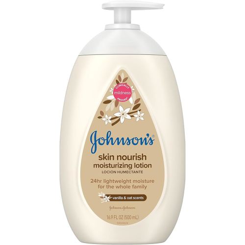 Johnson's Baby Skin Nourish Moisturizing Baby Lotion for Dry Skin with Vanilla & Oat Scents, Gentle & Lightweight Body Lotion for The Whole Family, Hypoallergenic, Dye-Free, 16.9 fl. oz