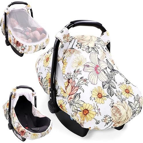 Floral Baby Car Seat Cover for Girl,Infant Carseat Canopy Sun Cover,Baby Carrier Cover with Zipped Peep Windows and Breathable Mesh, Stretchy 3in1Multi-use Stroller Cover