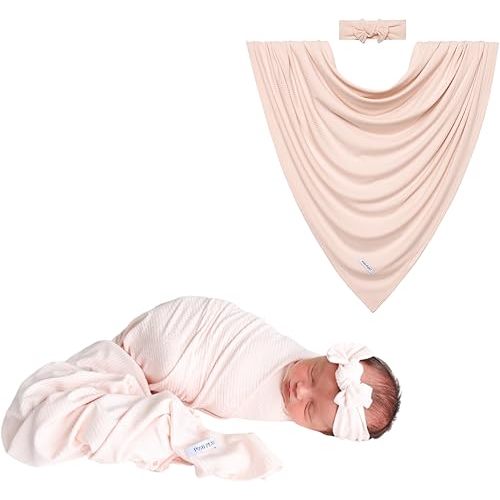 Posh Peanut Swaddle Blanket & Headband Set – Viscose from Bamboo Stretchy Baby Swaddle for Newborn Girls, Receiving Blanket or Nursing Cover (Sandy Blush)