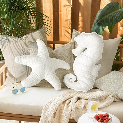 AELS Coastal Throw Pillows Set of 2, Starfish Seahors Pillows, Beach Ocean Nautical Themed Smooth Soft Minky Decorative Throw Pillows, Cute Pillow for Couch Sofa Bed Living Room Bedroom Nursery, White