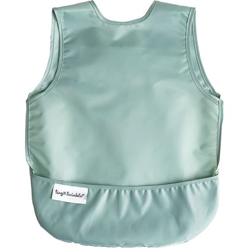 Tiny Twinkle Mess Proof Baby Bib - Waterproof Baby Apron - Machine Washable - PVC, BPA, & Phthalate Free - Great Travel Bib for Baby Eating - Baby Food Bibs (Sage Green, Small 6-24 Months)