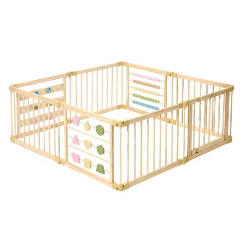Wooden Playpen Extra Large for toddlers and babies - 8 Wood Playpen panels - Foldable playpen - Adjustable baby playpen -