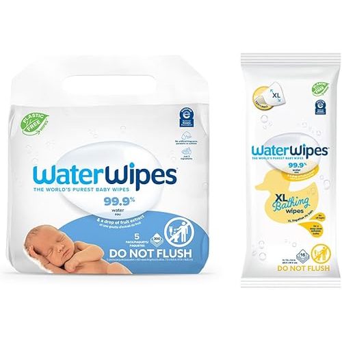 WaterWipes Bundle, Original 300 Count (5 packs) & XL Bathing Wipes 16 Count (1 pack), Plastic-Free, 99.9% Water Based Wipes, Unscented, Hypoallergenic for Sensitive Skin, Packaging May Vary