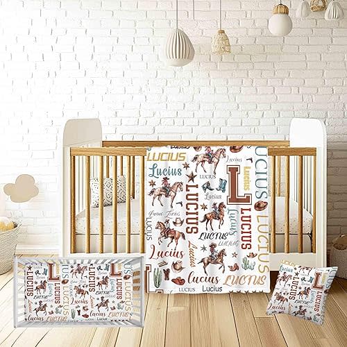 Personalized Cowboy Crib Bedding Set for Baby Boys – Custom Name 3 Piece Nursery Set with Flannel Blanket, Fitted Crib Sheet & Pillowcase – Infant & Toddler Bedding Gift
