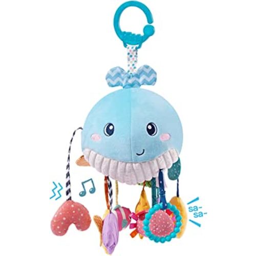 Jollybaby Baby Toys 0-6-12-18 Months for Stroller Crib Gym or Car Seat, Plush Pull String Whale Hanging Toy with Teether Rattle & Squeaker, Montessori Sensory Toys for Toddlers, Baby Boy Girl Gifts