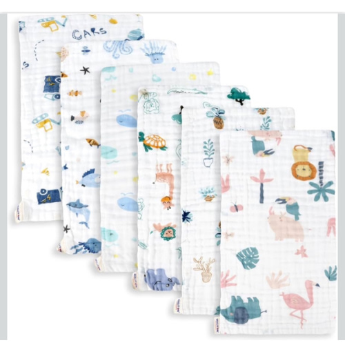 Maliton Muslin Baby Burp Cloths 6 Pack Large 20''x10'' 100% Cotton Burp Rags Absorbent and Soft 6 Layers Muslin Cloth Baby Essentials for Newborn(Animals and Cars, Pack of 6)