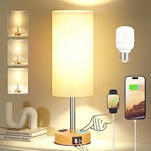 Beside Table Lamp for Bedroom Nightstand - 3 Way Dimmable Touch Lamp USB C Charging Ports and AC Outlet, Small Lamp Wood Base Round Flaxen Fabric Shade for Living Room, Office Desk, LED Bulb Included - - Amazon.com