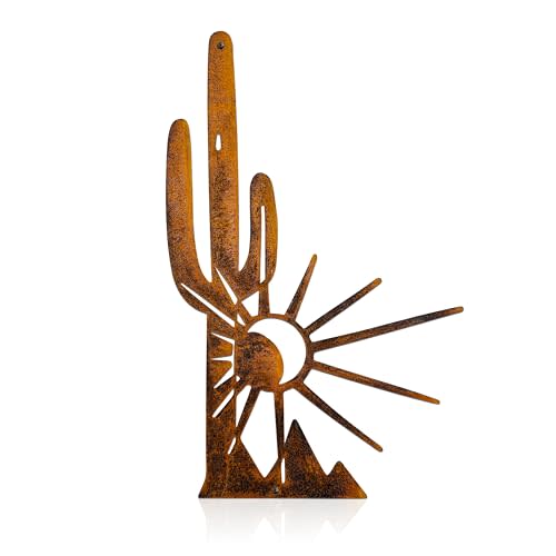 Vausart Metal Cactus Wall Decor, Southwestern Desert Outdoor Yard Wall Art | Patio Garden Decor, Rustic Desert Saguaro Sunset Art, Southwest And Western Outdoor Decor For Home Living Room Outdoor(Rusty)