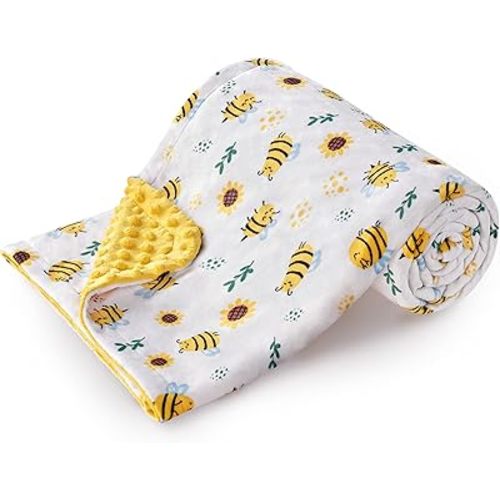 DaysU Silky Micro Soft Plush Baby Blankets Unisex with Print Animal Pattern and Soothing Raised Dots, Double Layer Bed Throws for Baby Crib, Bee, Yellow, 30x40 Inches