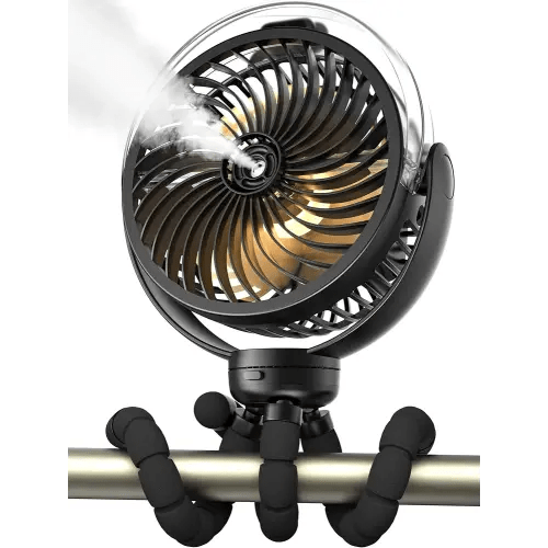Misting Stroller Fan, 6000mAh Battery Operated Portable Fan with Light & 360° Pivoting, Personal Fan with Flexible Tripod for Baby, Office, Travel,Treadmill,Outdoors