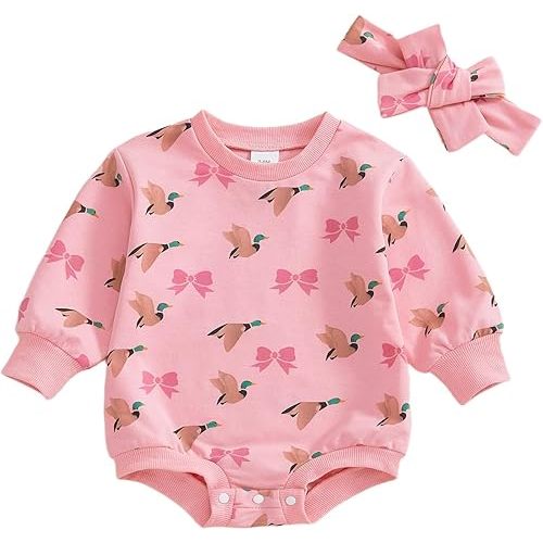 Newborn Baby Girl Bubble Romper Mallard Duck Long Sleeve Sweatshirt Romper Headband Infant Fall Farm Hunting Clothes