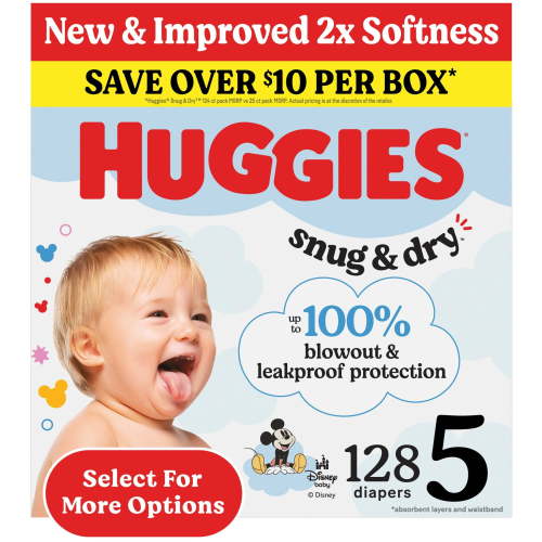 Huggies Snug & Dry Baby Diapers, Size 5 (27+ lbs), 128 Ct (Select for More)