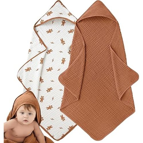 Muslin Hooded Baby Towels for Newborns, 32"x32", 100% Cotton – 6 Layers Super Soft Absorbent Breathable, Baby Bath Towel, Toddler Bath Towel – Pack of 2