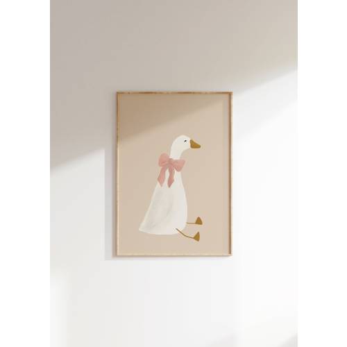 Silly Goose Wall Art Cute Goose Poster Beige Nursery Decor Farm Animal Printable, Pink Coquette Room Decor Girl's Room Goose with Bow Print