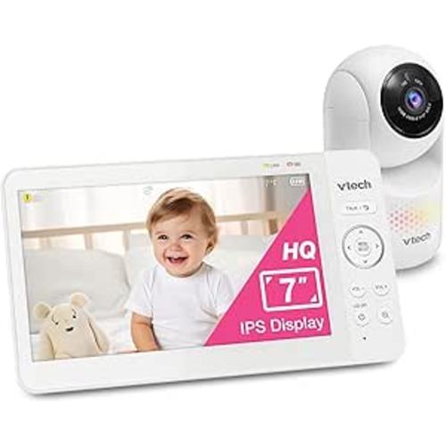 VTech Baby Monitor No WiFi, 7" IPS Screen, 5000mAh 12Hr Battery, 360° PTZ, 4X Zoom, Night Vision, Night Light, 2-Way Talk, White | Advanced HQ Max