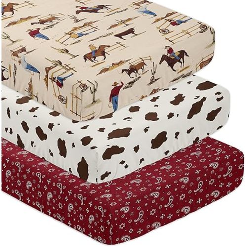 Sweet Jojo Designs Tan Brown Red Western Cowboy Boy Baby Fitted Crib Sheet Set Infant Newborn Nursery Toddler Bed Room Standard Mattress 3p Wild West Horse Horseshoe Cow Print Animal Bandana Plaid
