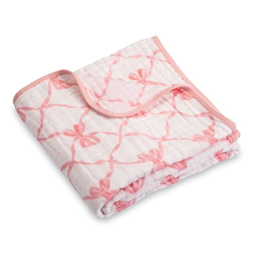 LollyBanks Muslin Baby Blanket 100% Cotton, Muslin Quilt Lightweight, Muslin Blanket for Girls, 6 Layers Baby Blankets 47"x 47", Soft Nursery Receiving Blankets, Newborn Essentials (Pink Bow Print)