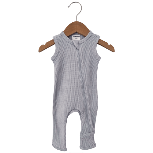 Organic Waffle Sleeveless Zip Romper, Silver