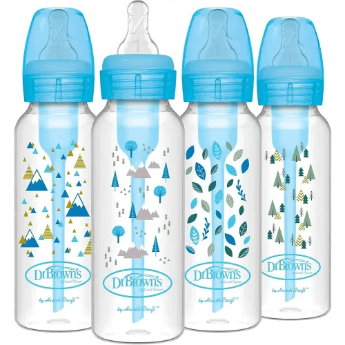 Dr. Brown's Natural Flow Anti-Colic Options+ Narrow Baby Bottle, Blue Nature, 8 oz/250 mL, with Level 1 Slow Flow Nipples, 0m+, 4 count (Pack of 1)