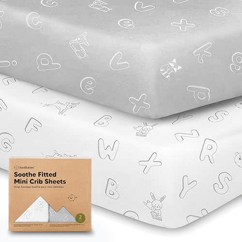 2-Pack Mini Crib Sheets Fitted, Pack and Play Sheets - Organic Cotton Pack N Play Sheets for Pack and Play Mattress, Playard Baby Crib Sheets, Jersey Crib Sheets Neutral for Boys, Girls (ABC Land)