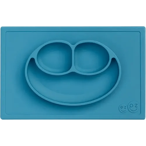 ezpz Happy Mat (Blue) New Version - 100% Silicone Suction Plate with Built-in Placemat for Toddlers + Preschoolers - Divided Plate - Dishwasher Safe - 24 Months+