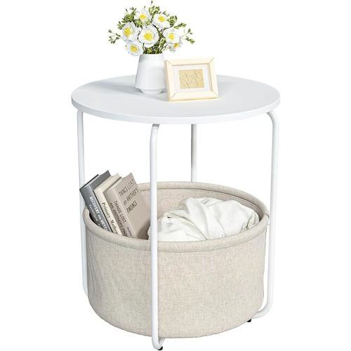 Round End Table, Side Table for Living Room, Small Bedside Table for Small Spaces, Modern White Nightstand for Bedroom Nursery with Fabric Storage Basket