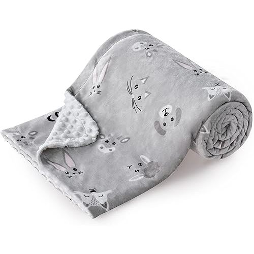 DaysU Silky Micro Soft Plush Baby Blankets Unisex with Print Animal Pattern and Soothing Raised Dots, Double Layer Bed Throws for Baby Crib, Animal Faces, Grey, 30x40 Inches