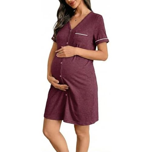 BLENCOT Women’s Labor and Delivery Night Gown for Maternity Short Sleeve V Neck Open Front Shirt Dress with Buttons