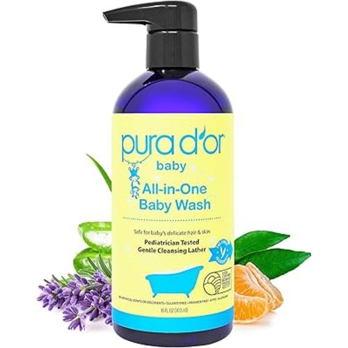 PURA D'OR 16 Oz All-in-One Calming Baby Wash & Shampoo For Hair & Entire Body, Tear Free, Sulfate Free, Natural Aloe Vera, USDA Biobased Gentle Formula