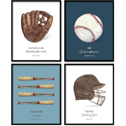 Foedor Christian Baseball Wall Art Prints 8x10 Unframed, Scripture Sports Wall Art Decorations for Boys Room, Baseball Gift for Classroom Gym Playroom, Set of 4