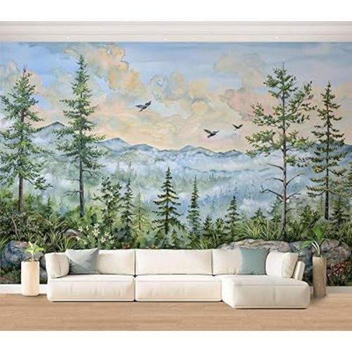 Wall Mural Green Forest Wallpaper Peel & Stick Nursery Wallpaper Pine Trees Mountains Birds Rocks Watercolor Removable Self-Adhesive Large Wall Sticker Wall Decor for Bedroom Living Room 100"x144"