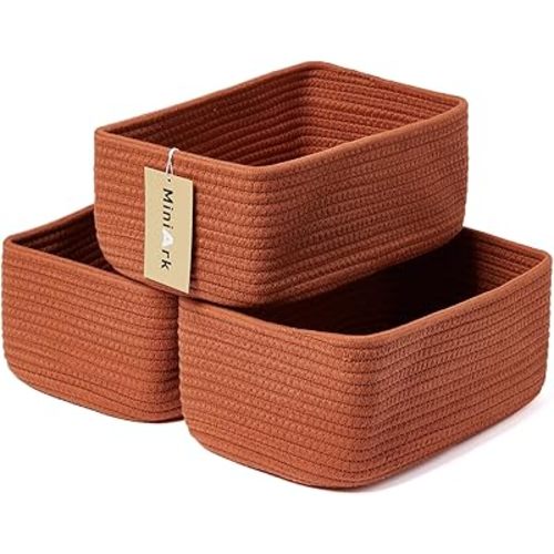 Small Storage Baskets for Organizing | Closet Organizer Bins | Shelf Toy Basket | Woven Rope Baskets | Cube Decorative Box | Shallow Basket | 11.5x7.5x4.7” | 3 Packs Oxide Red