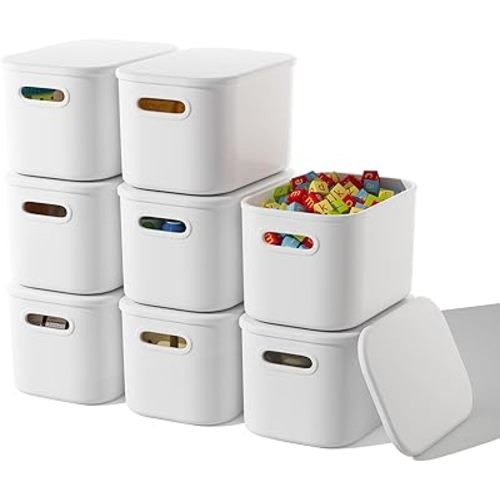 8 Pack White Storage Bins with Lids Stackable Storage Container for Organizing, Storage Boxes with Handle for Shelves, Cute Storage Bin for Craft, Snacks, 9.85x6.9x5.7 inch