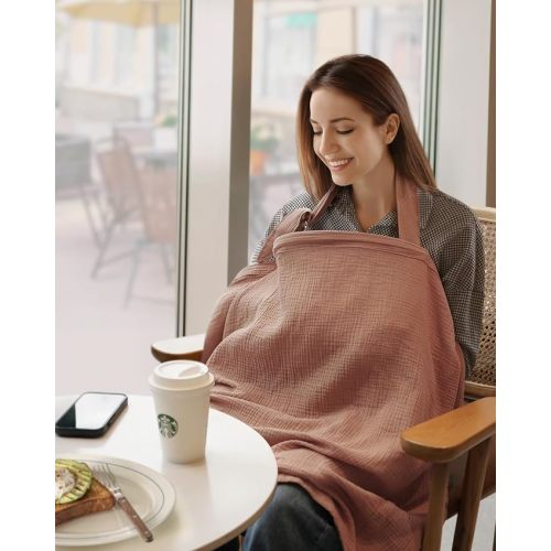 Blissful Diary Muslin Nursing Cover for Breastfeeding, Breathable Breastfeeding Cover up with Arch Neckline for Women, Nursing Apron (Dusty Pink)